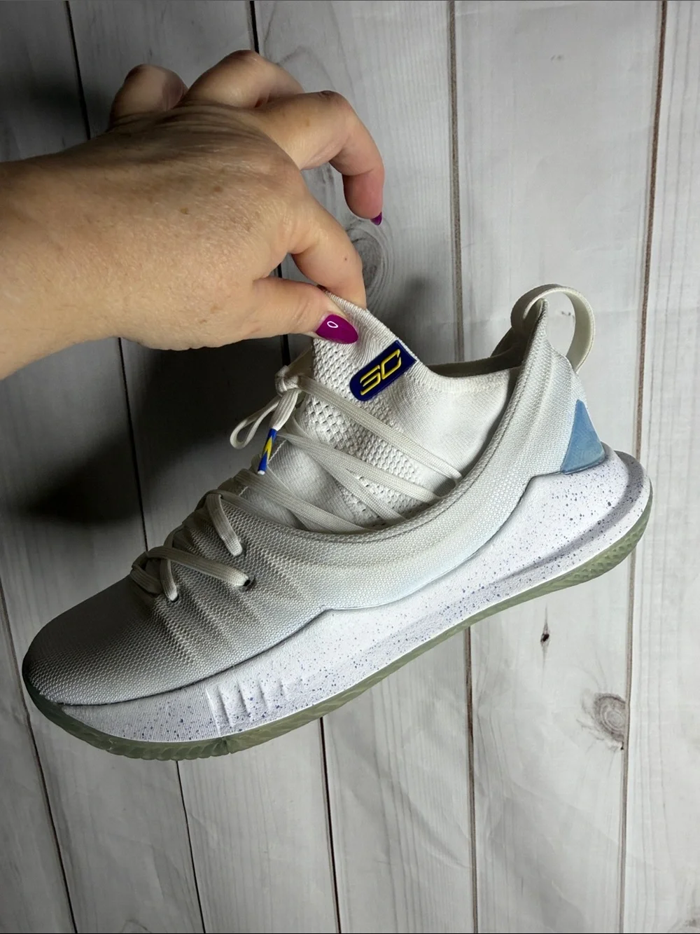Collectable Under Armour Curry 5 Men's White Sneakers with Light Blue Accents